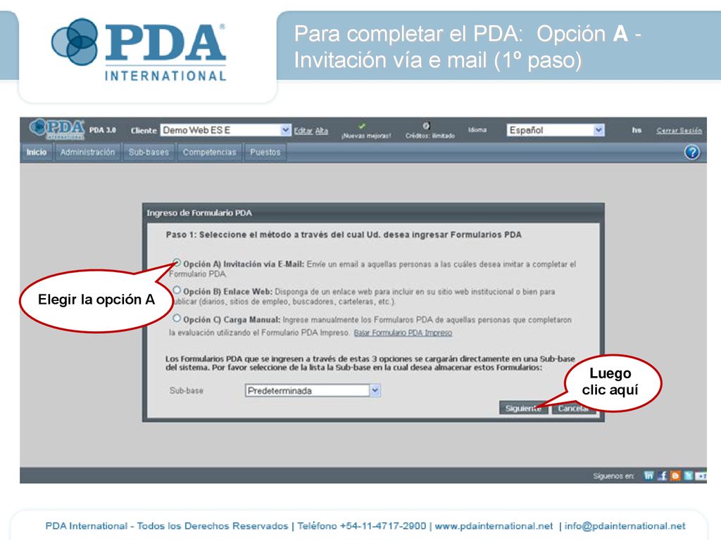 Para completar el PDA: Opción A - Invitación vía e mail (1º paso)