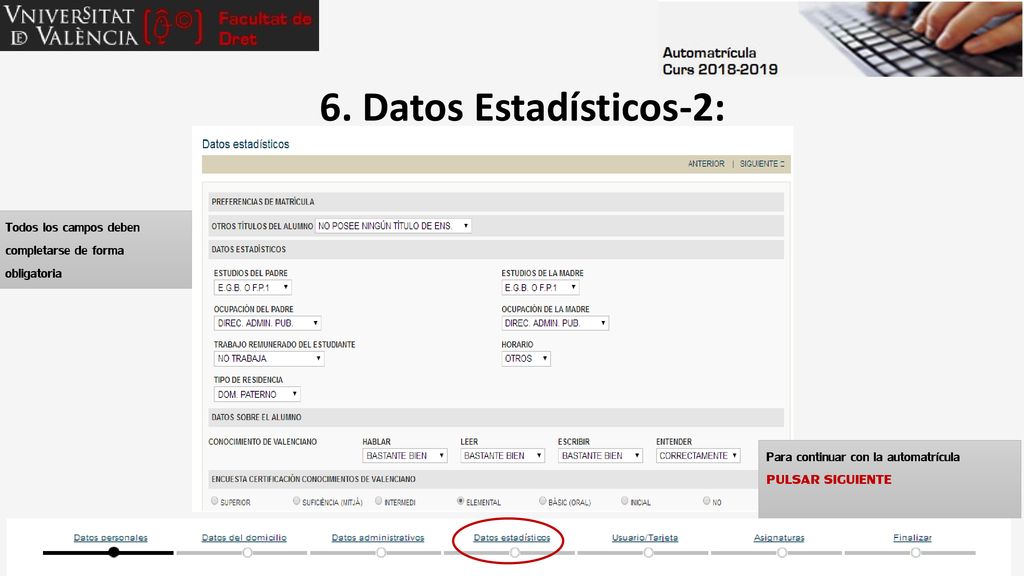 6. Datos Estadísticos-2: Todos los campos deben completarse de forma obligatoria. Para continuar con la automatrícula.
