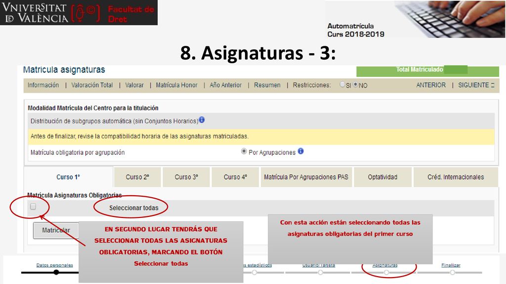 8. Asignaturas - 3: Con esta acción están seleccionando todas las asignaturas obligatorias del primer curso.