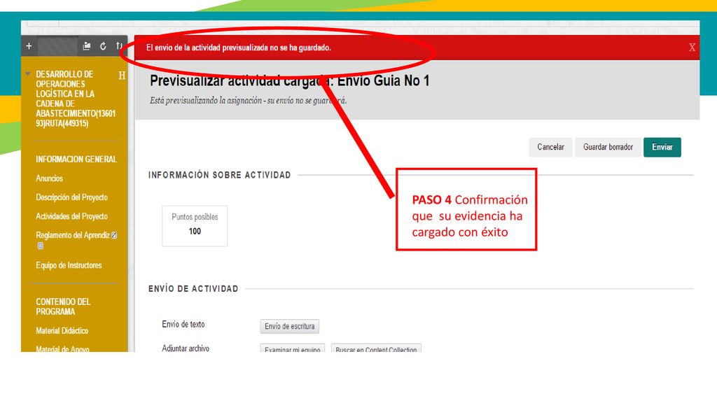 PASO 4 Confirmación que su evidencia ha cargado con éxito