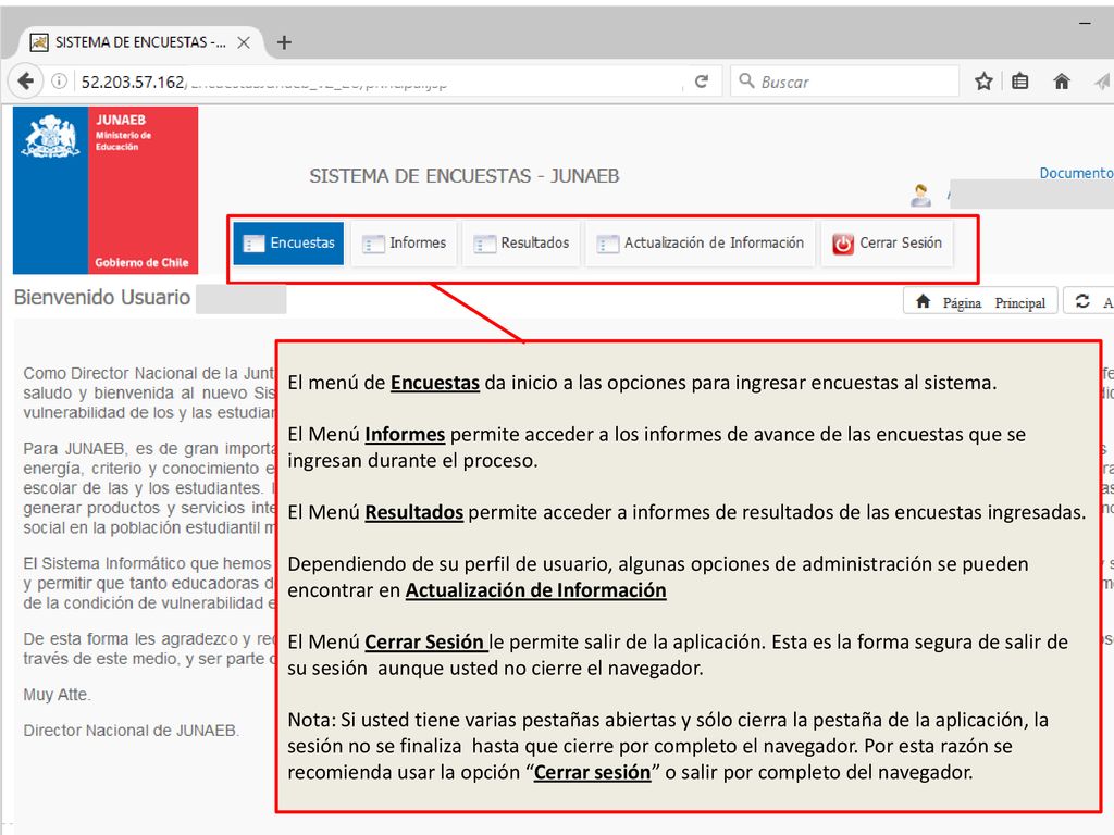El menú de Encuestas da inicio a las opciones para ingresar encuestas al sistema.