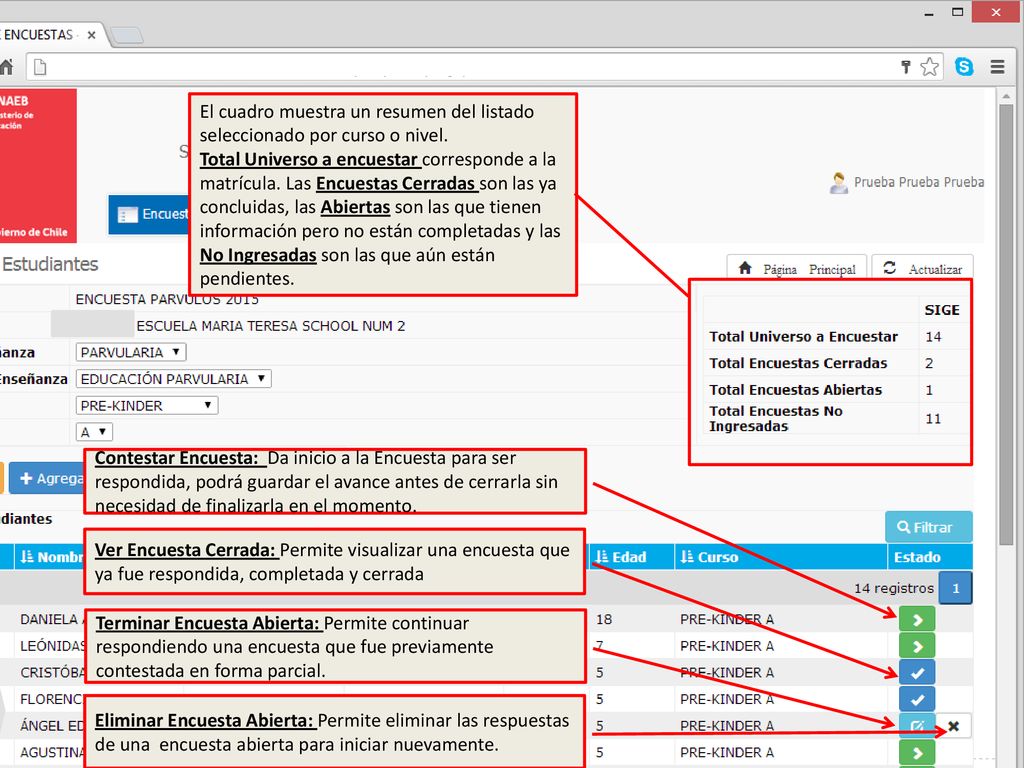 El cuadro muestra un resumen del listado seleccionado por curso o nivel.