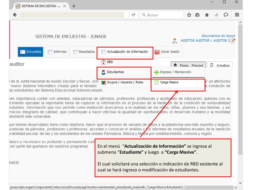 En el menú Actualización de Información se ingresa al submenú Estudiante y luego a Carga Masiva .