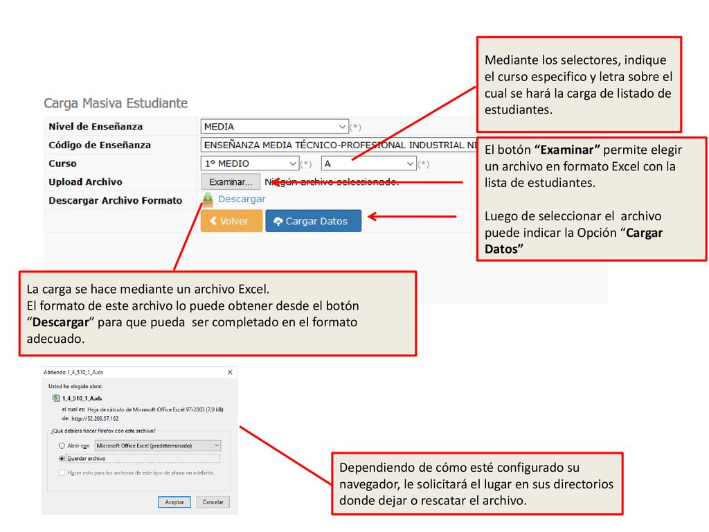 Mediante los selectores, indique el curso especifico y letra sobre el cual se hará la carga de listado de estudiantes.