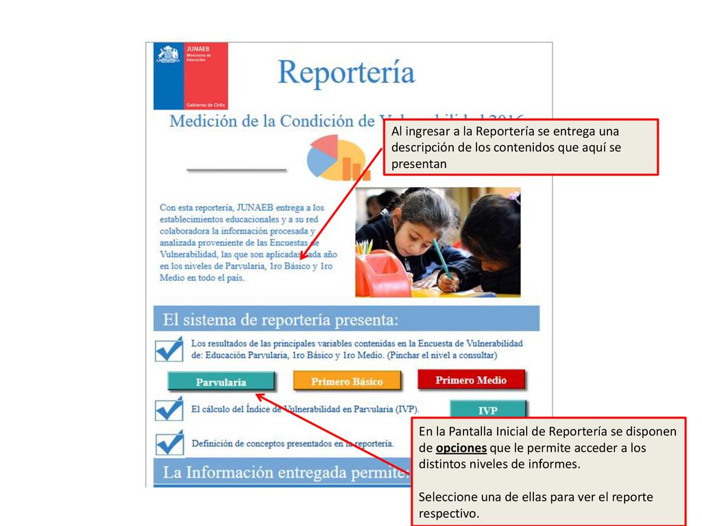 Al ingresar a la Reportería se entrega una descripción de los contenidos que aquí se presentan