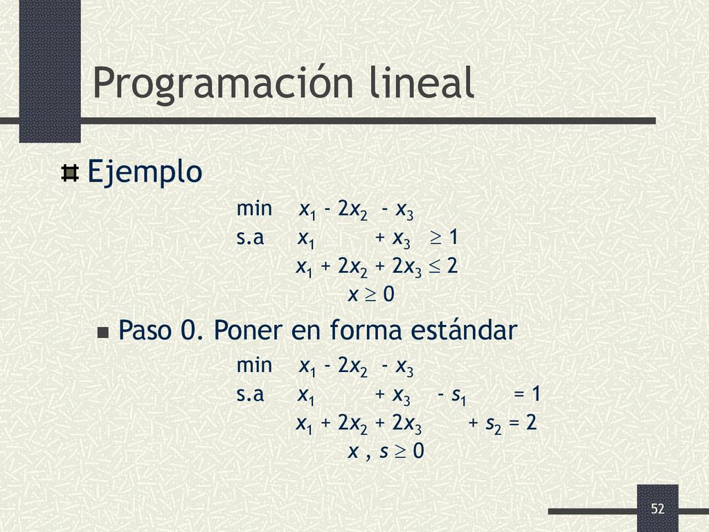 Programación lineal Ejemplo Paso 0. Poner en forma estándar