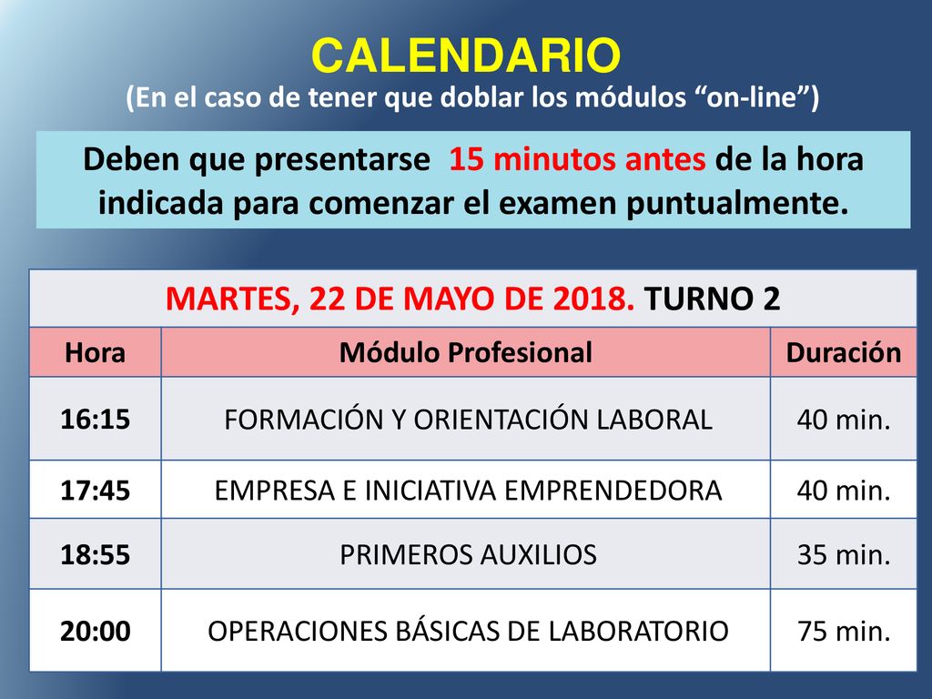 CALENDARIO (En el caso de tener que doblar los módulos on-line )