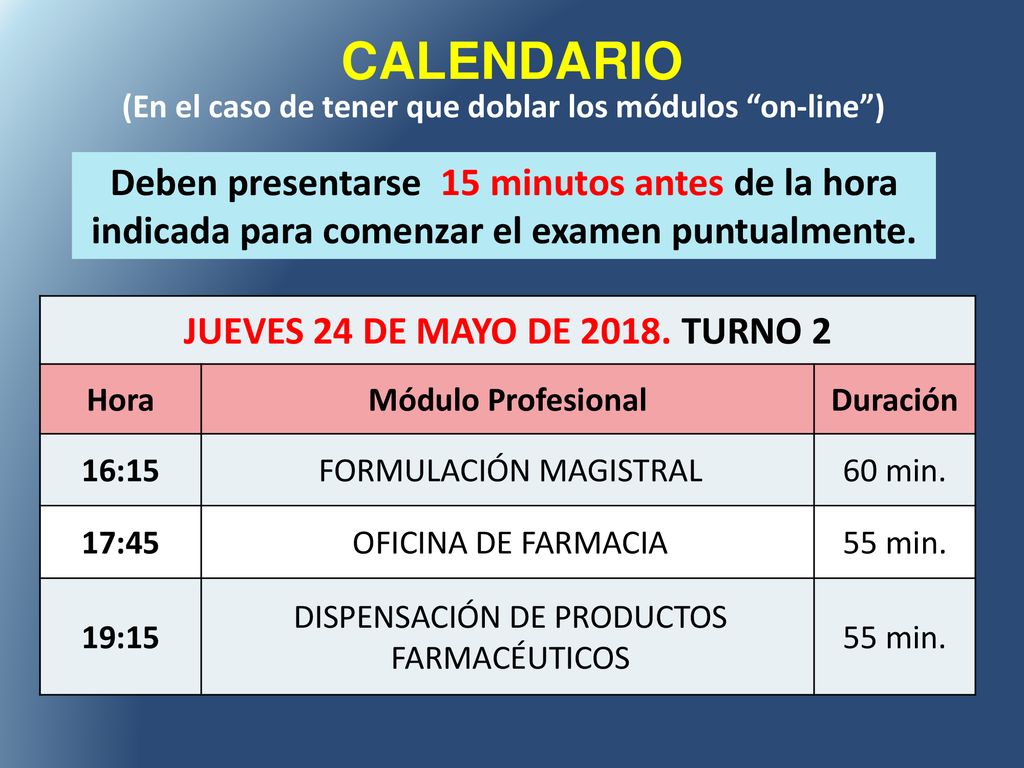 CALENDARIO (En el caso de tener que doblar los módulos on-line )