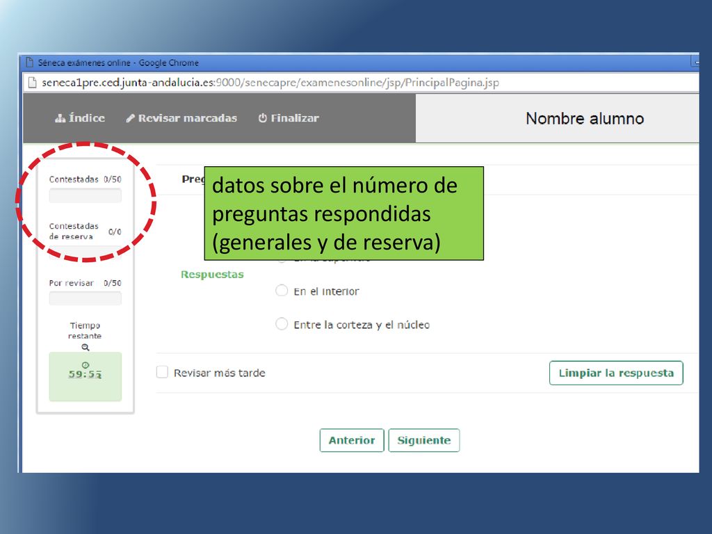 datos sobre el número de preguntas respondidas (generales y de reserva)