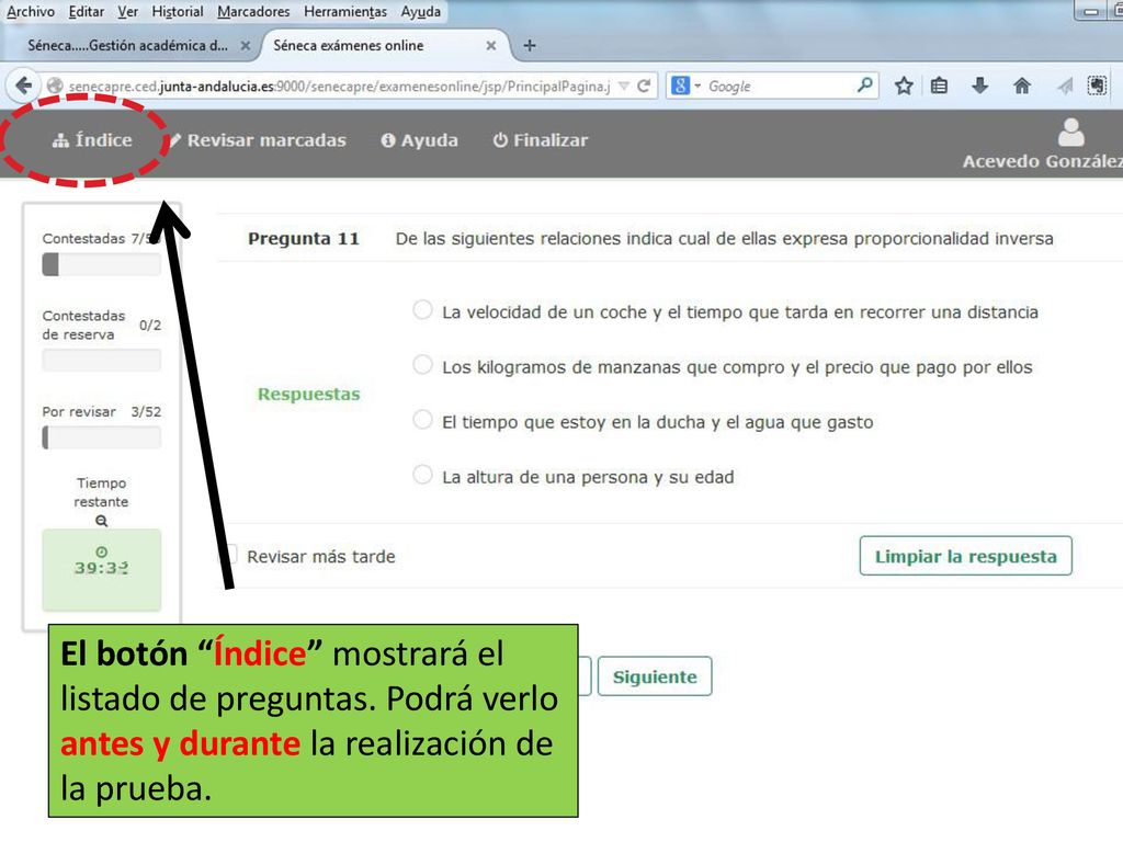 El botón Índice mostrará el listado de preguntas