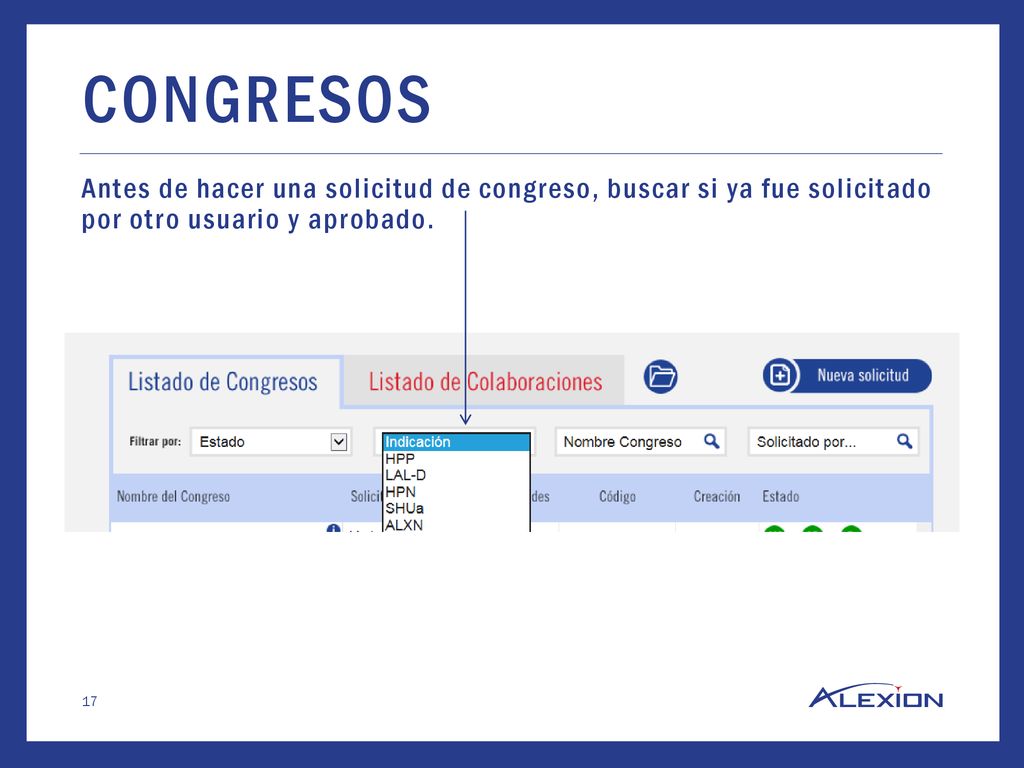 CONGRESOS Antes de hacer una solicitud de congreso, buscar si ya fue solicitado por otro usuario y aprobado.
