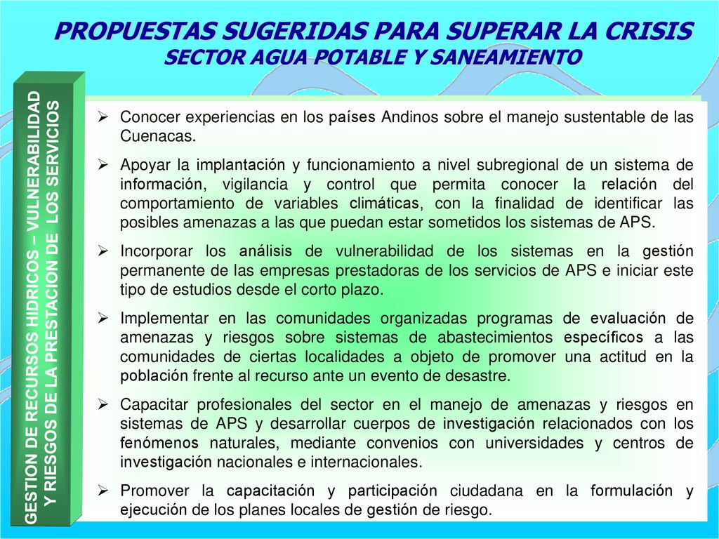 PROPUESTAS SUGERIDAS PARA SUPERAR LA CRISIS SECTOR AGUA POTABLE Y SANEAMIENTO