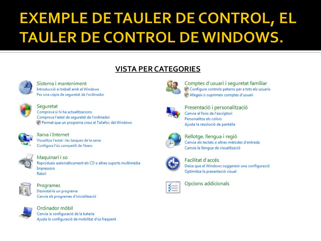 EXEMPLE DE TAULER DE CONTROL, EL TAULER DE CONTROL DE WINDOWS.