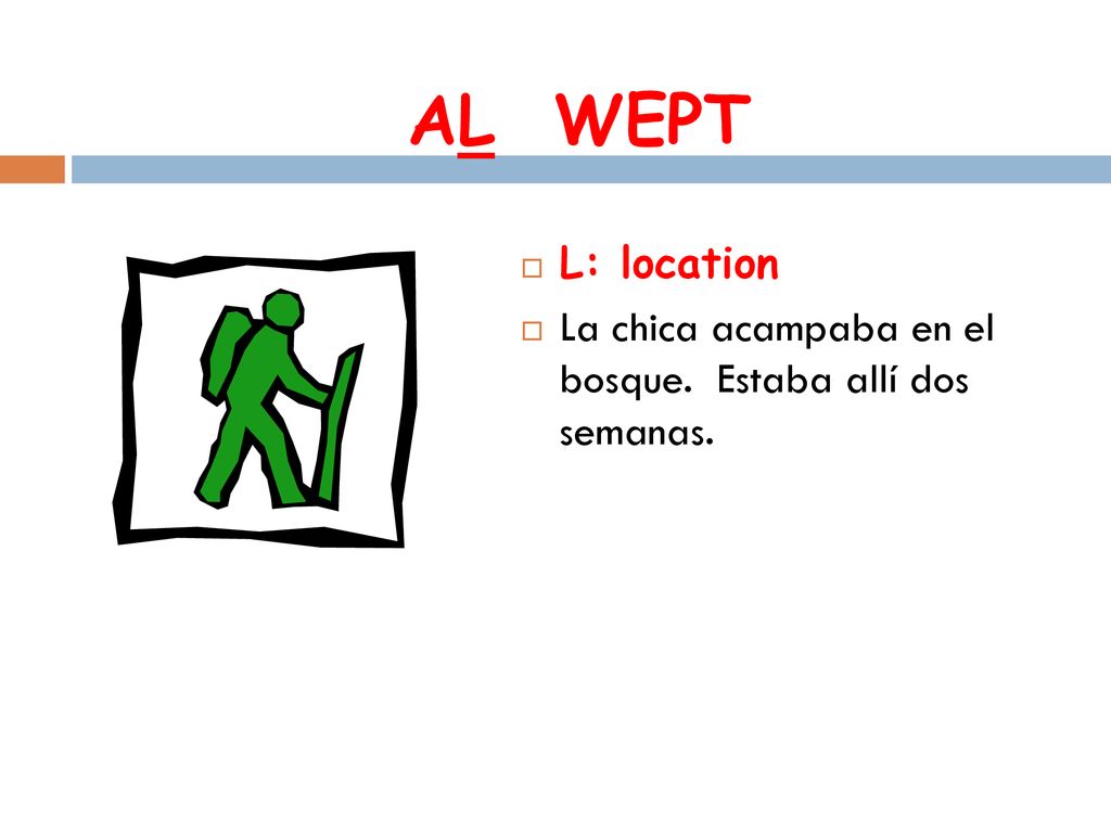 AL WEPT L: location La chica acampaba en el bosque. Estaba allí dos semanas.
