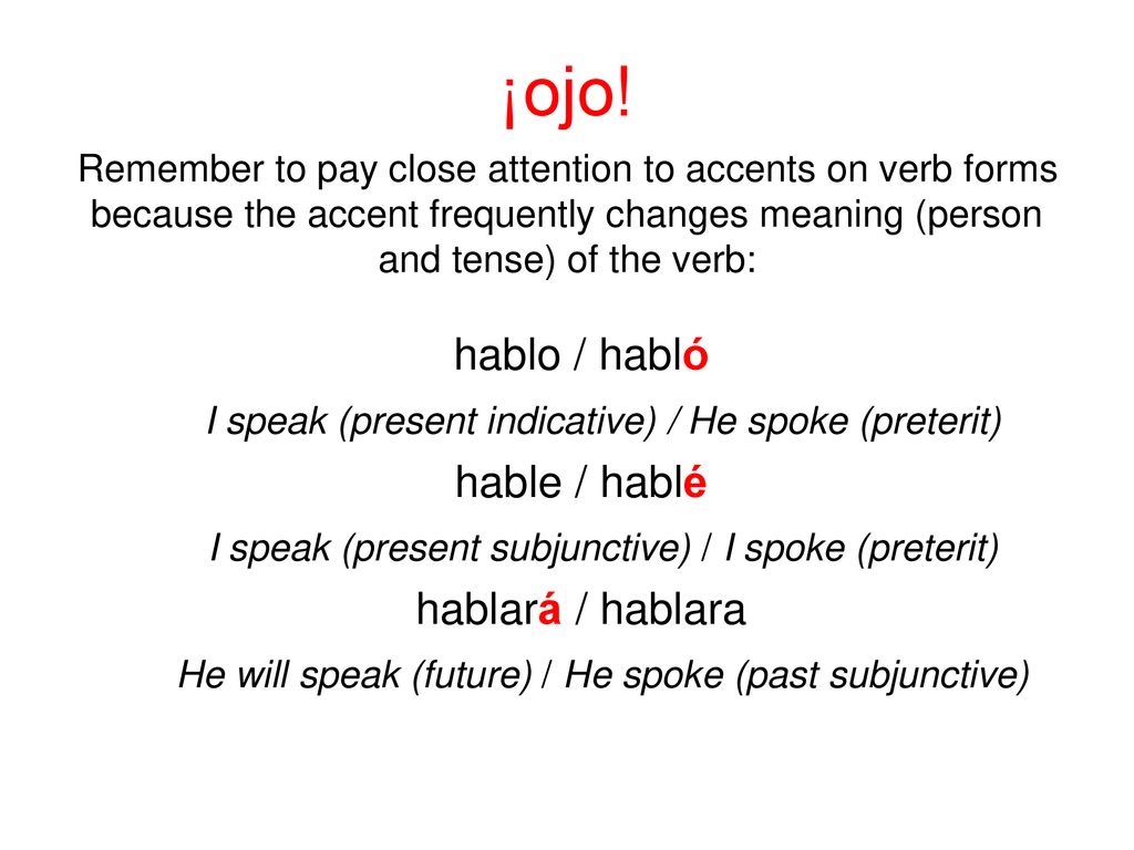 ¡ojo! hablo / habló I speak (present indicative) / He spoke (preterit)