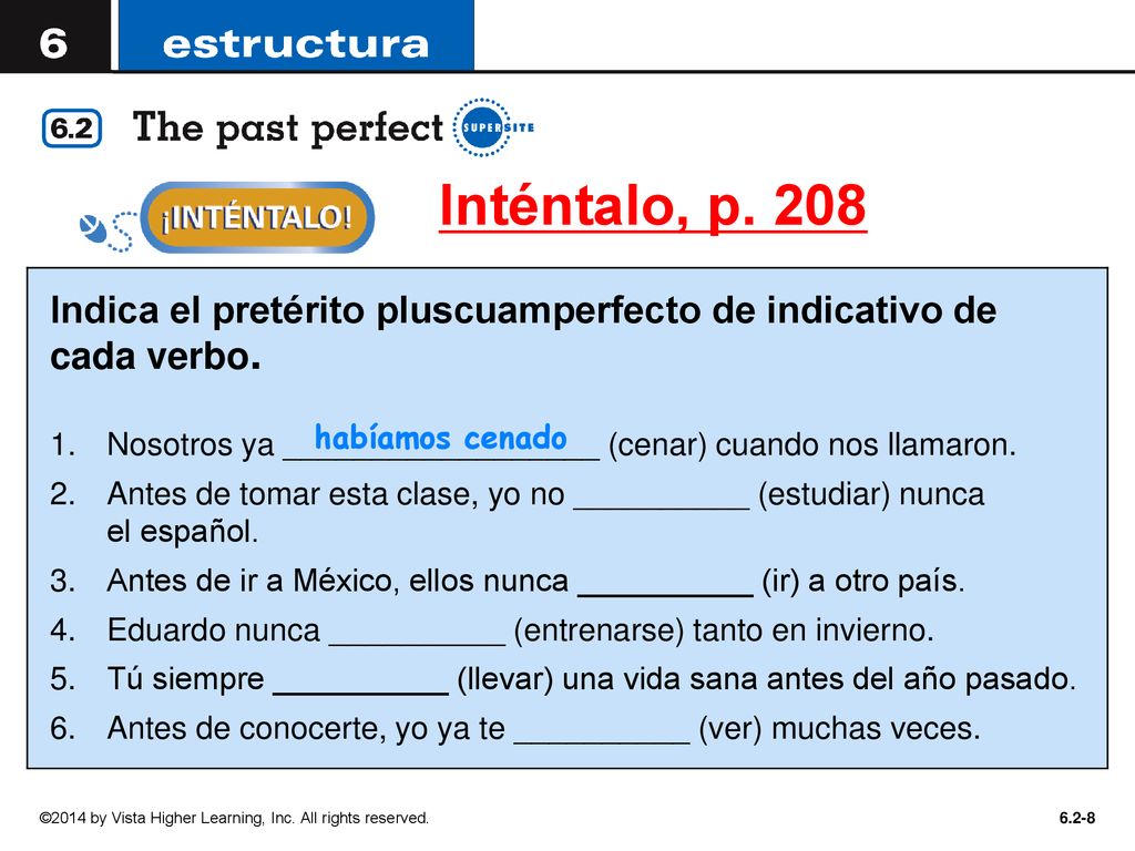 Inténtalo, p. 208 Indica el pretérito pluscuamperfecto de indicativo de cada verbo. Nosotros ya __________________ (cenar) cuando nos llamaron.