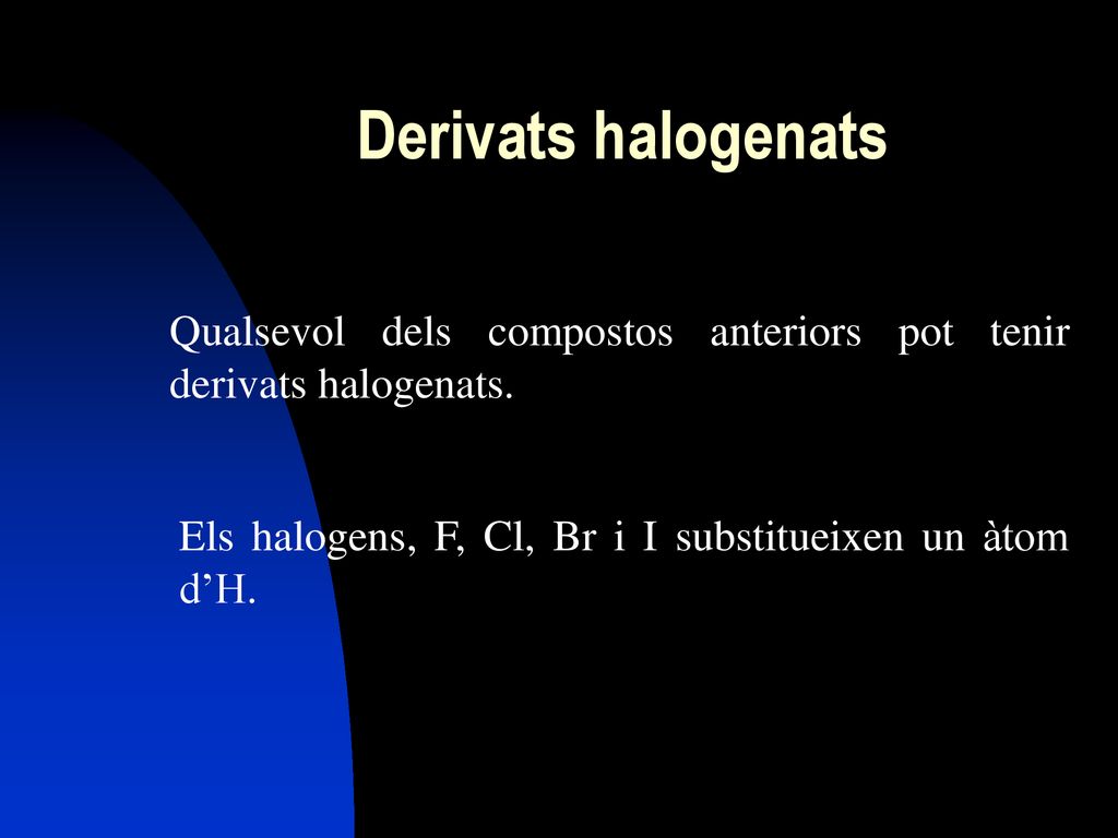 Derivats halogenats Qualsevol dels compostos anteriors pot tenir derivats halogenats.