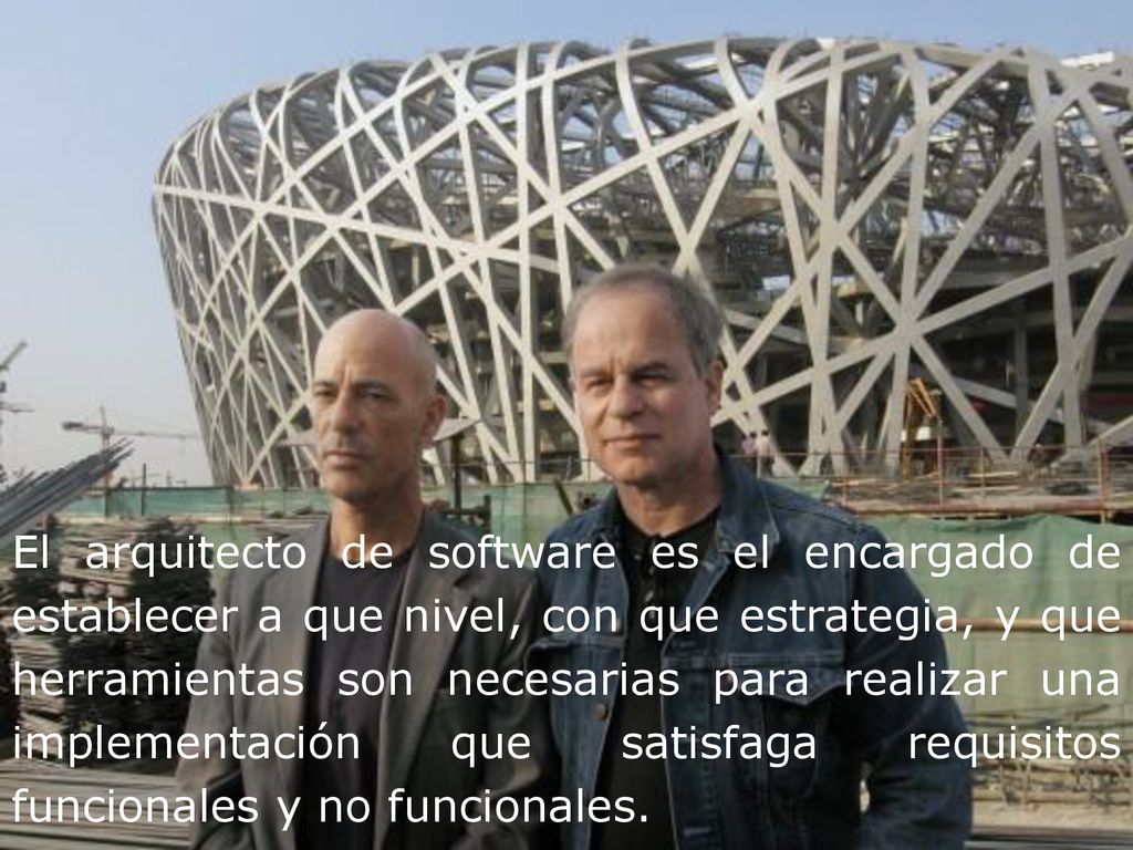 El arquitecto de software es el encargado de establecer a que nivel, con que estrategia, y que herramientas son necesarias para realizar una implementación que satisfaga requisitos funcionales y no funcionales.