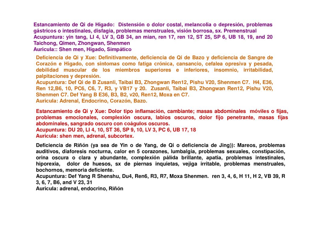 Estancamiento de Qi de Hígado: Distensión o dolor costal, melancolía o depresión, problemas gástricos o intestinales, disfagia, problemas menstruales, visión borrosa, sx. Premenstrual