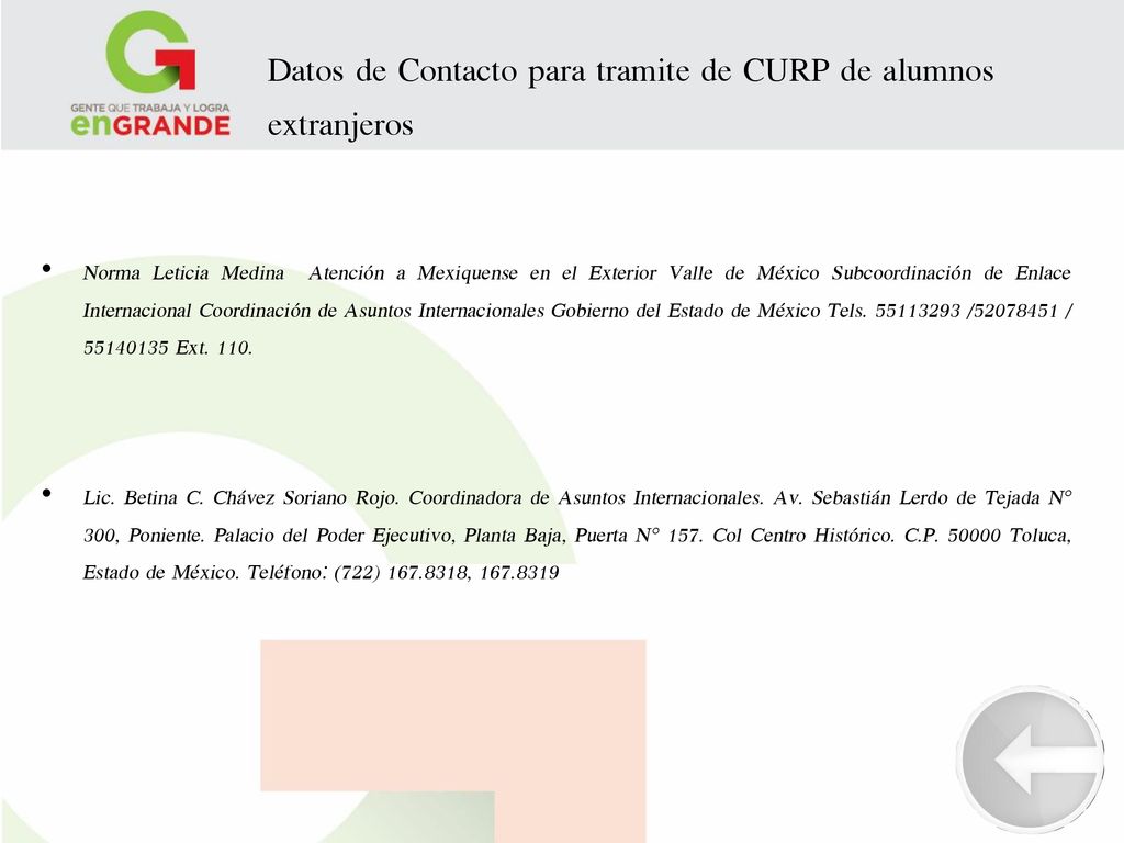 Datos de Contacto para tramite de CURP de alumnos extranjeros