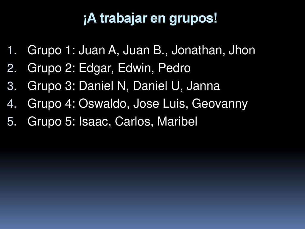 ¡A trabajar en grupos! Grupo 1: Juan A, Juan B., Jonathan, Jhon