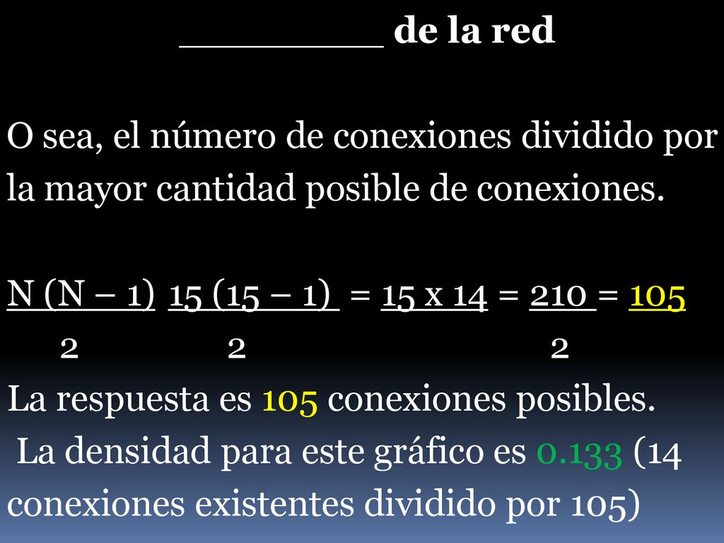 ________ de la red O sea, el número de conexiones dividido por la mayor cantidad posible de conexiones.