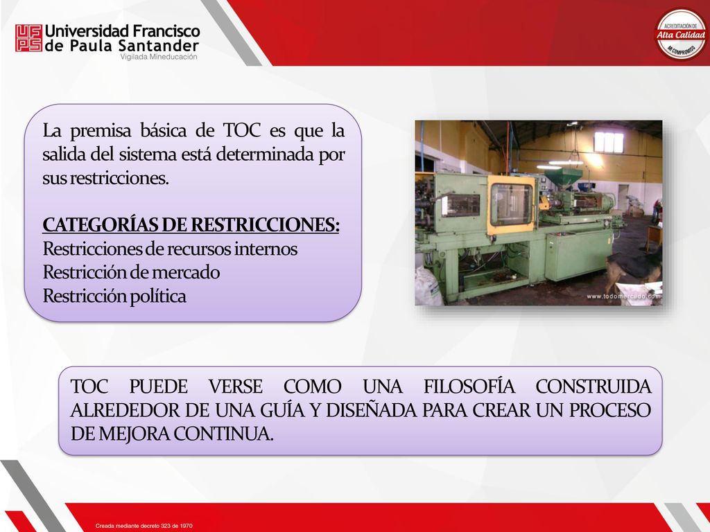 La premisa básica de TOC es que la salida del sistema está determinada por sus restricciones.