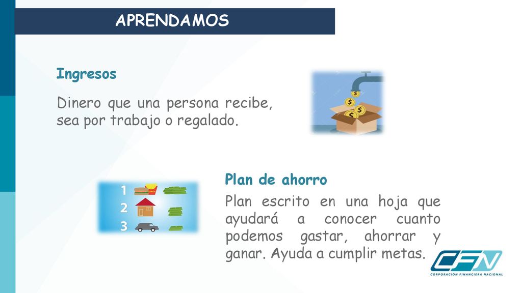 APRENDAMOS Ingresos. Dinero que una persona recibe, sea por trabajo o regalado. Plan de ahorro.