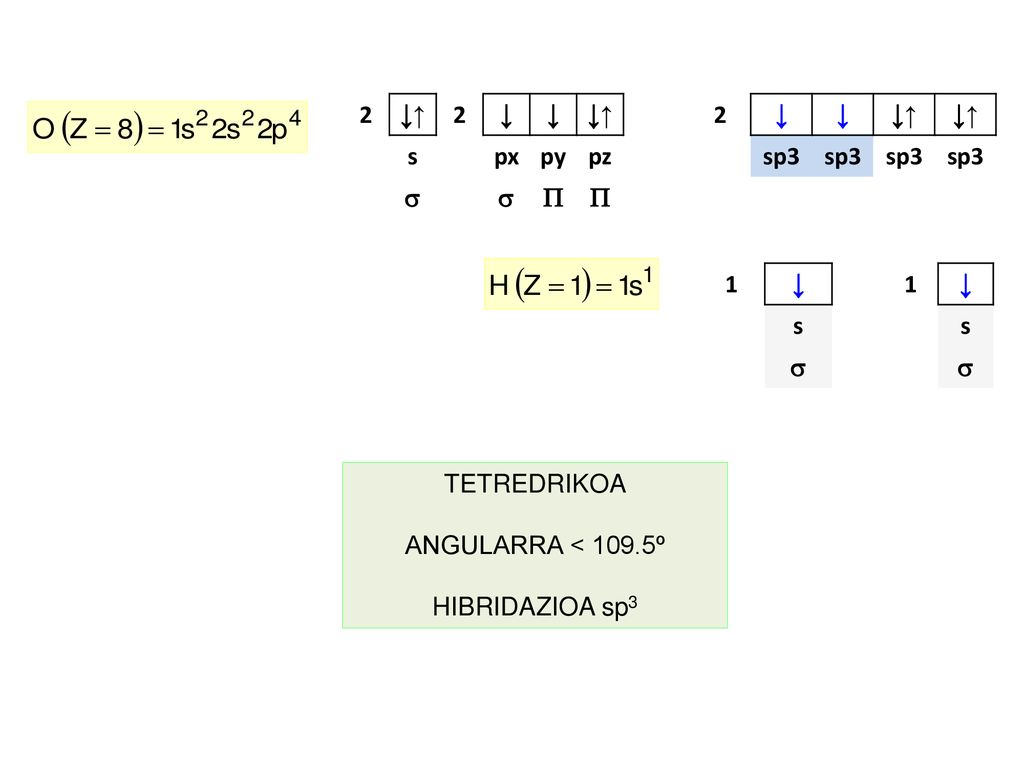 2 ↓↑ ↓ s px py pz   2 ↓ ↓↑ sp3 1 ↓ s  1 ↓ s  TETREDRIKOA ANGULARRA < 109.5º HIBRIDAZIOA sp3