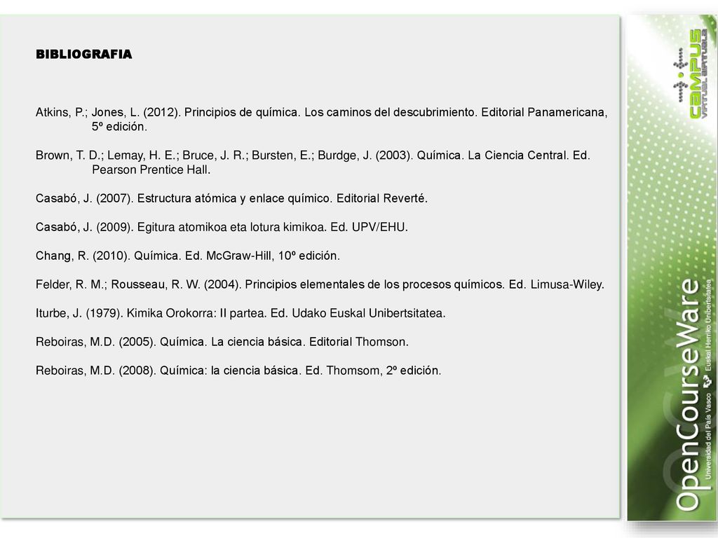 BIBLIOGRAFIA Atkins, P.; Jones, L. (2012). Principios de química. Los caminos del descubrimiento. Editorial Panamericana, 5º edición.