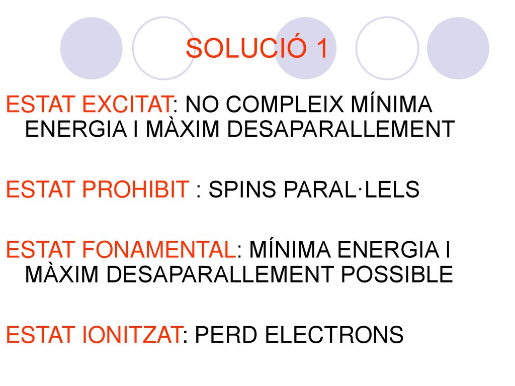 SOLUCIÓ 1 ESTAT EXCITAT: NO COMPLEIX MÍNIMA ENERGIA I MÀXIM DESAPARALLEMENT. ESTAT PROHIBIT : SPINS PARAL·LELS.