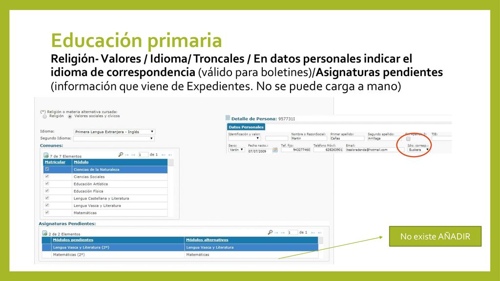 Educación primaria Religión- Valores / Idioma/ Troncales / En datos personales indicar el idioma de correspondencia (válido para boletines)/Asignaturas pendientes (información que viene de Expedientes. No se puede carga a mano)