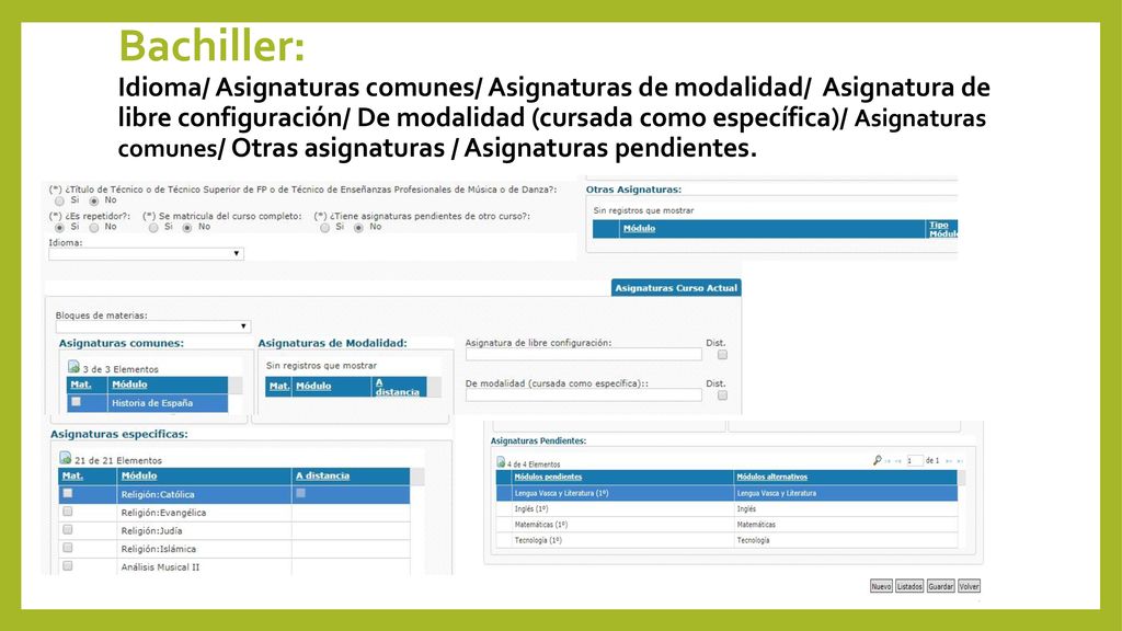 Bachiller: Idioma/ Asignaturas comunes/ Asignaturas de modalidad/ Asignatura de libre configuración/ De modalidad (cursada como específica)/ Asignaturas comunes/ Otras asignaturas / Asignaturas pendientes.