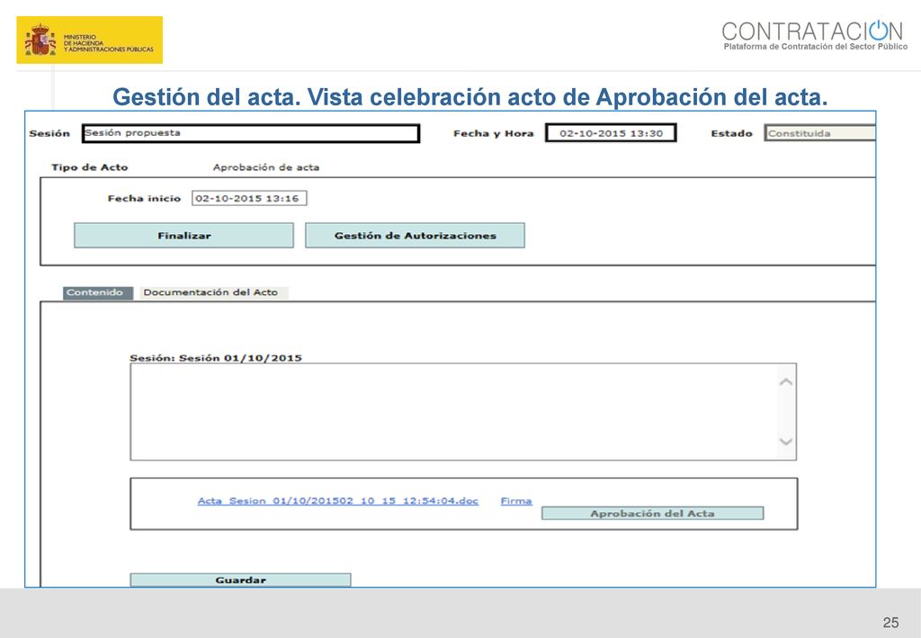 Gestión del acta. Vista celebración acto de Aprobación del acta.