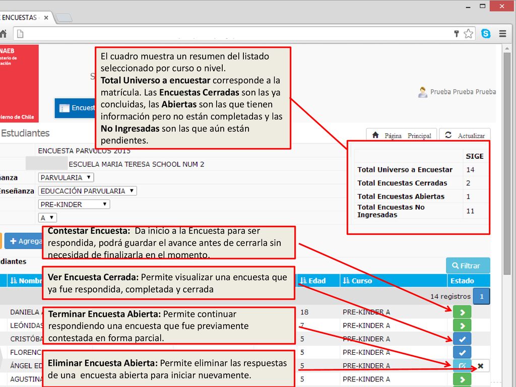 El cuadro muestra un resumen del listado seleccionado por curso o nivel.