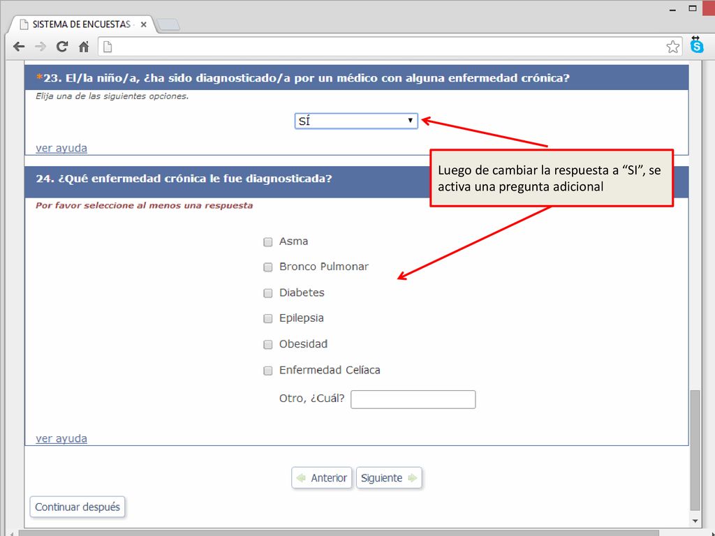 Luego de cambiar la respuesta a SI , se activa una pregunta adicional