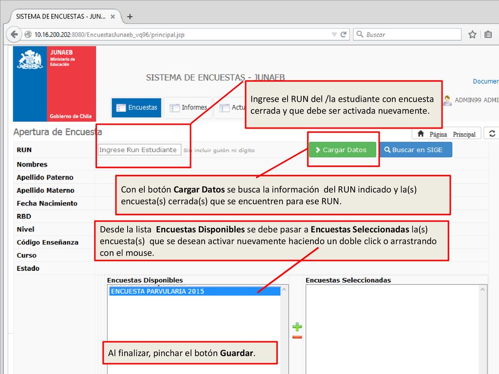 Ingrese el RUN del /la estudiante con encuesta cerrada y que debe ser activada nuevamente.