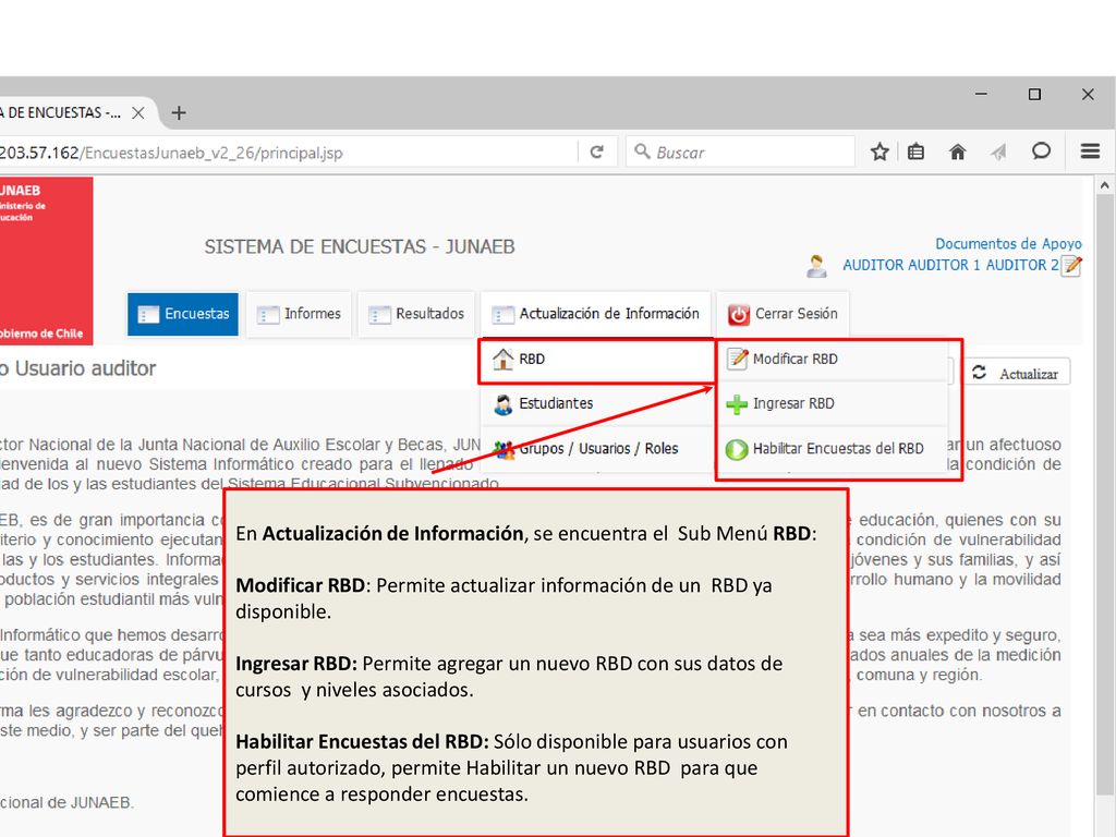 En Actualización de Información, se encuentra el Sub Menú RBD: