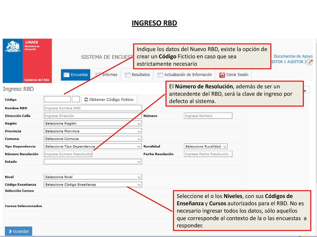 INGRESO RBD Indique los datos del Nuevo RBD, existe la opción de crear un Código Ficticio en caso que sea estrictamente necesario.