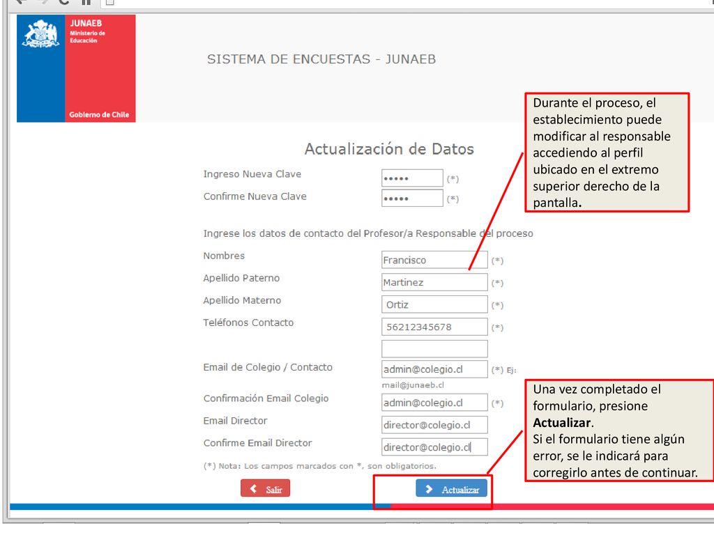 Durante el proceso, el establecimiento puede modificar al responsable accediendo al perfil ubicado en el extremo superior derecho de la pantalla.