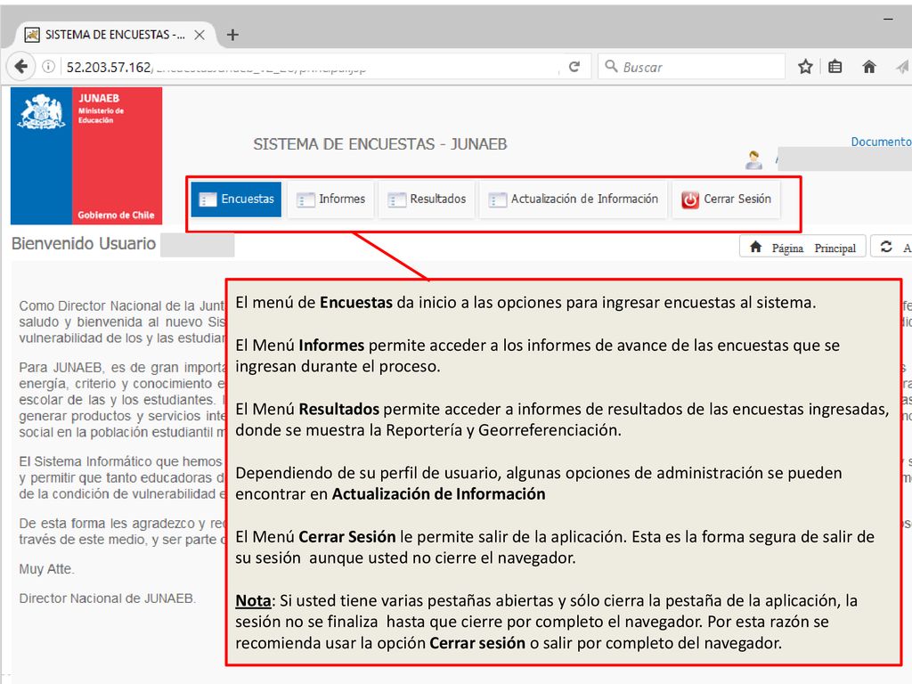 El menú de Encuestas da inicio a las opciones para ingresar encuestas al sistema.