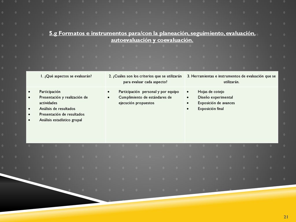 5.g Formatos e instrumentos para/con la planeación, seguimiento, evaluación, autoevaluación y coevaluación.