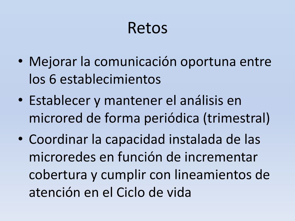 Retos Mejorar la comunicación oportuna entre los 6 establecimientos