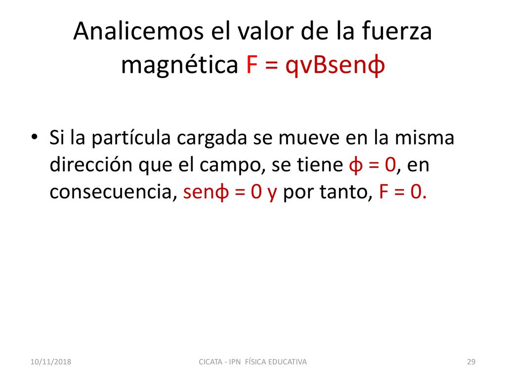 Analicemos el valor de la fuerza magnética F = qvBsenφ