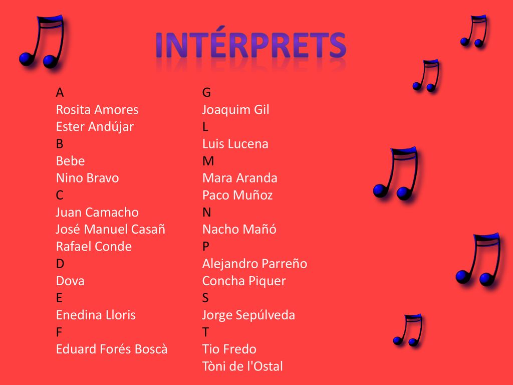 INTÉRPRETS A G Rosita Amores Joaquim Gil Ester Andújar L B Luis Lucena