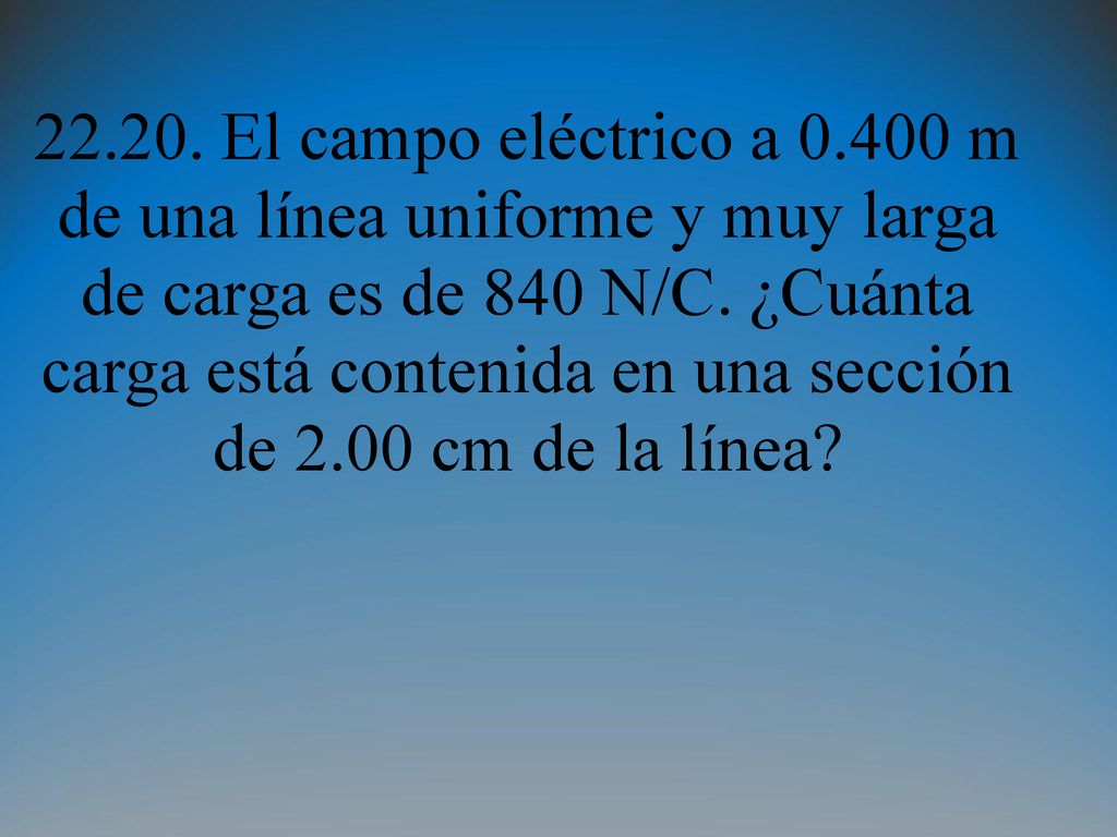 El campo eléctrico a m de una línea uniforme y muy larga de carga es de 840 N/C.