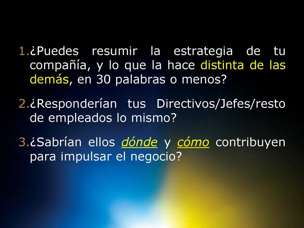 Alignment ¿Puedes resumir la estrategia de tu compañía, y lo que la hace distinta de las demás, en 30 palabras o menos