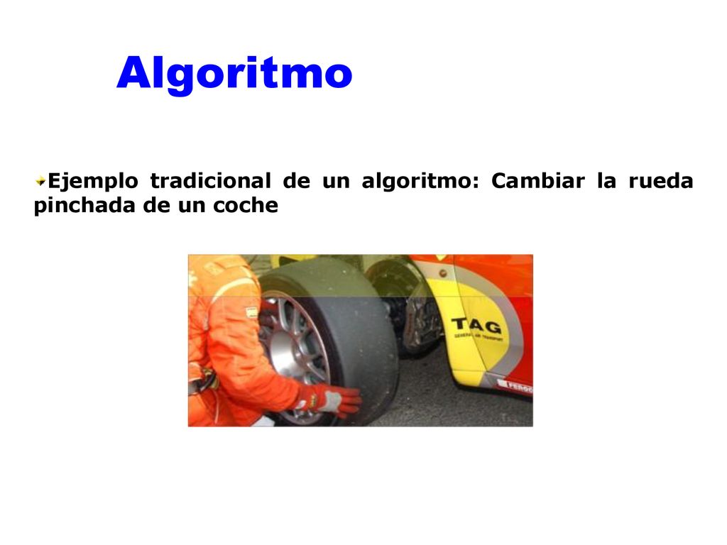 Algoritmo Ejemplo tradicional de un algoritmo: Cambiar la rueda pinchada de un coche