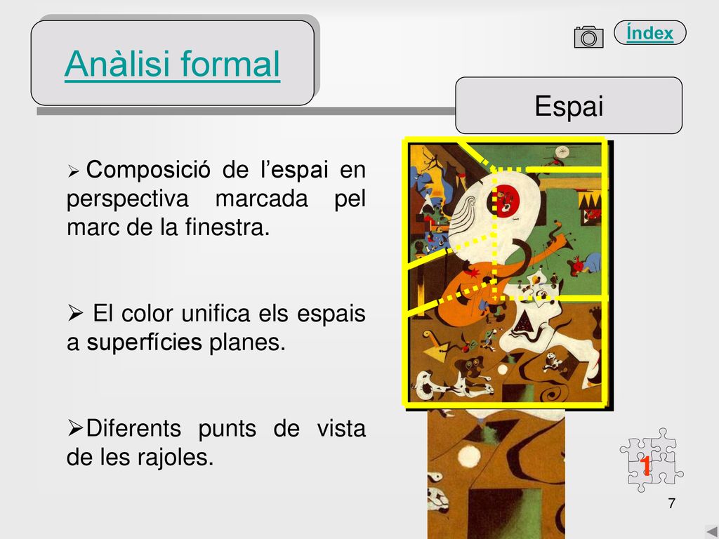 Anàlisi formal Espai. Composició de l’espai en perspectiva marcada pel marc de la finestra. El color unifica els espais a superfícies planes.
