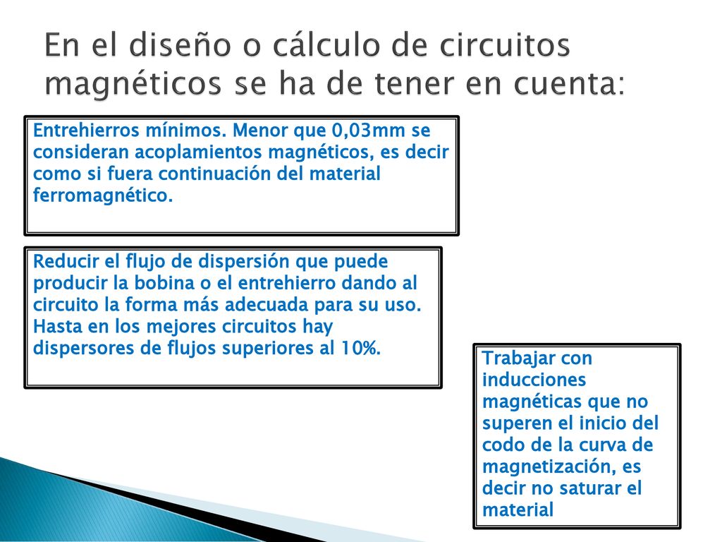 En el diseño o cálculo de circuitos magnéticos se ha de tener en cuenta: